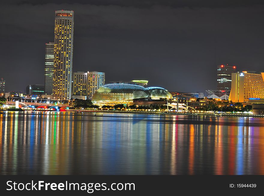 Cityscape with a durian-like building in the middle by Marina Bay