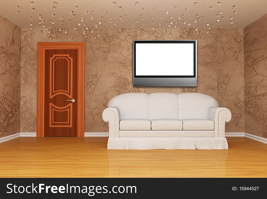 Room with door and white couch and LCD tv. Room with door and white couch and LCD tv