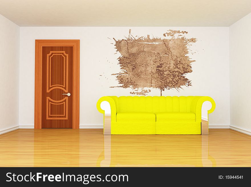 Room with yellow couch and splash hole