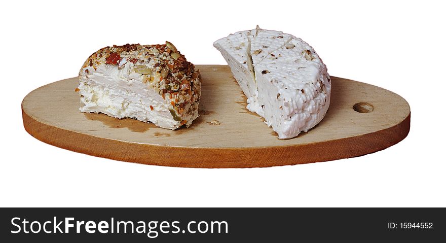 Cottage cheese two sorts on plate wooden background chroma key