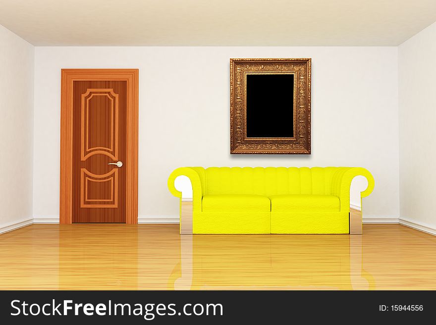 Minimalist living room with yellow couch and modern picture frame. Minimalist living room with yellow couch and modern picture frame