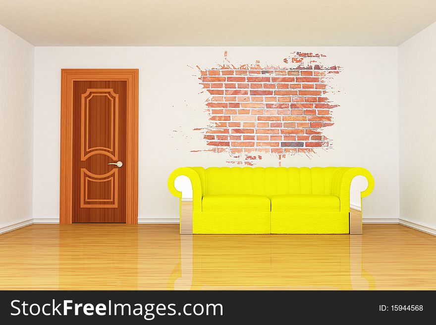 Minimalist living room with yellow couch and splash hole in the wall