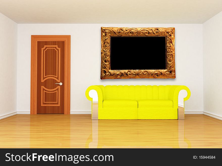 Room with yellow couch and modern picture frame