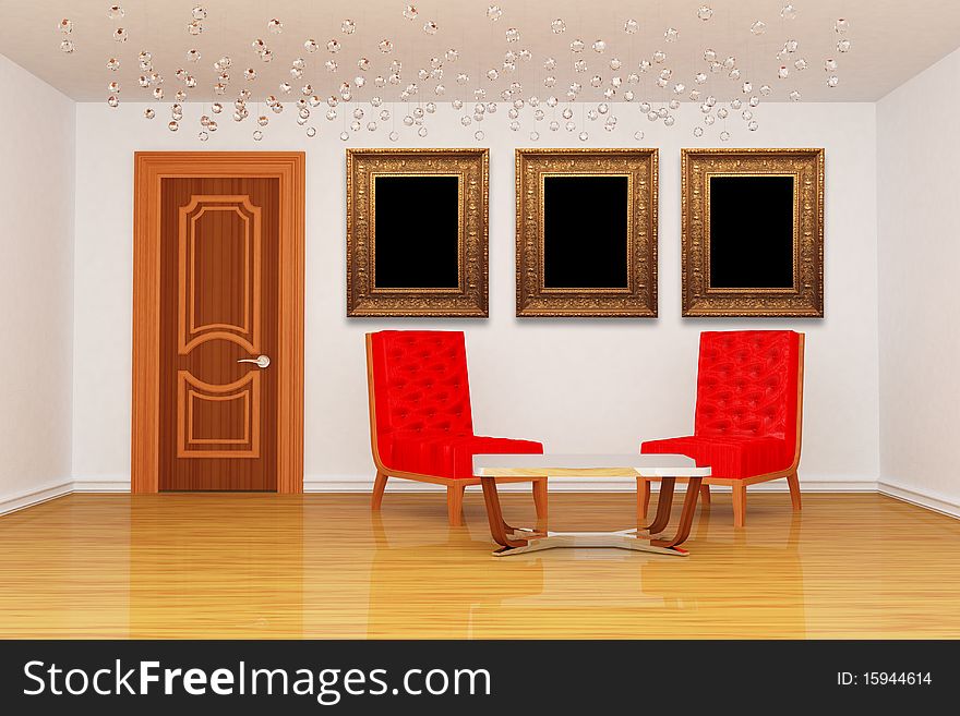 Room with red chairs with table and picture frames. Room with red chairs with table and picture frames