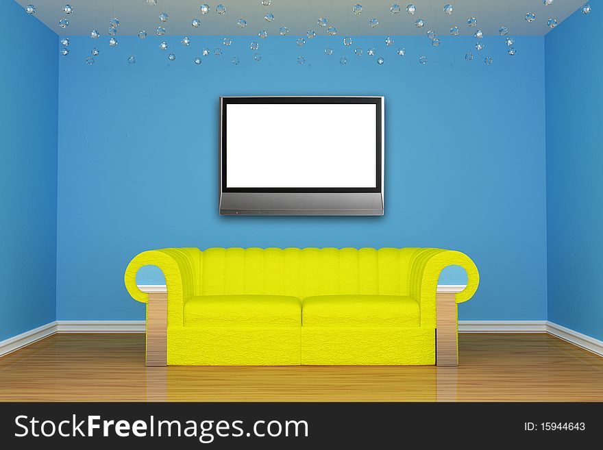 Living room with yellow couch and LCD tv