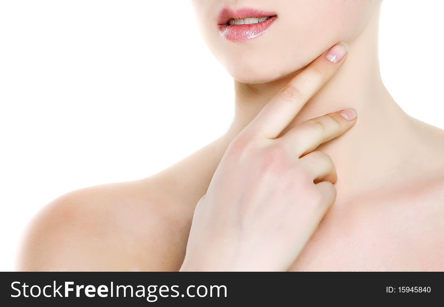 Close up portrait of young beautiful woman over white