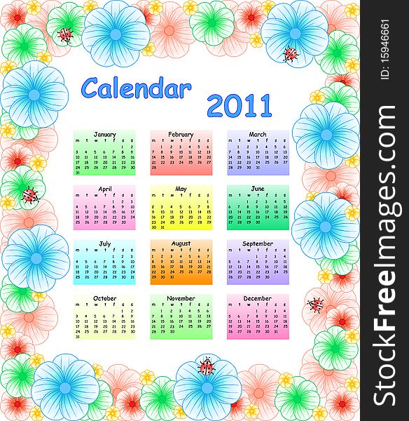 Colorful  Calendar For 2011 With Flowers