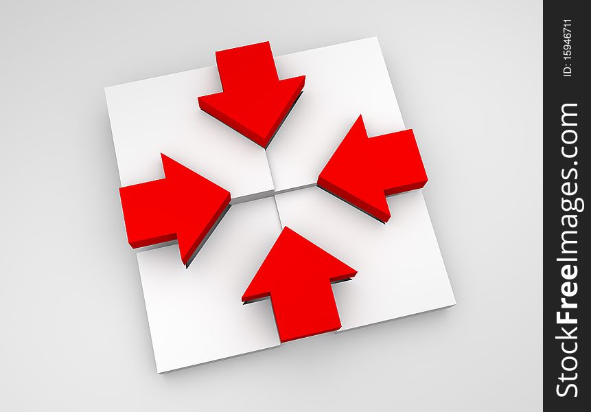 Conceptual illustration of red arrow directed into center and white arrow directed out of center. Conceptual illustration of red arrow directed into center and white arrow directed out of center