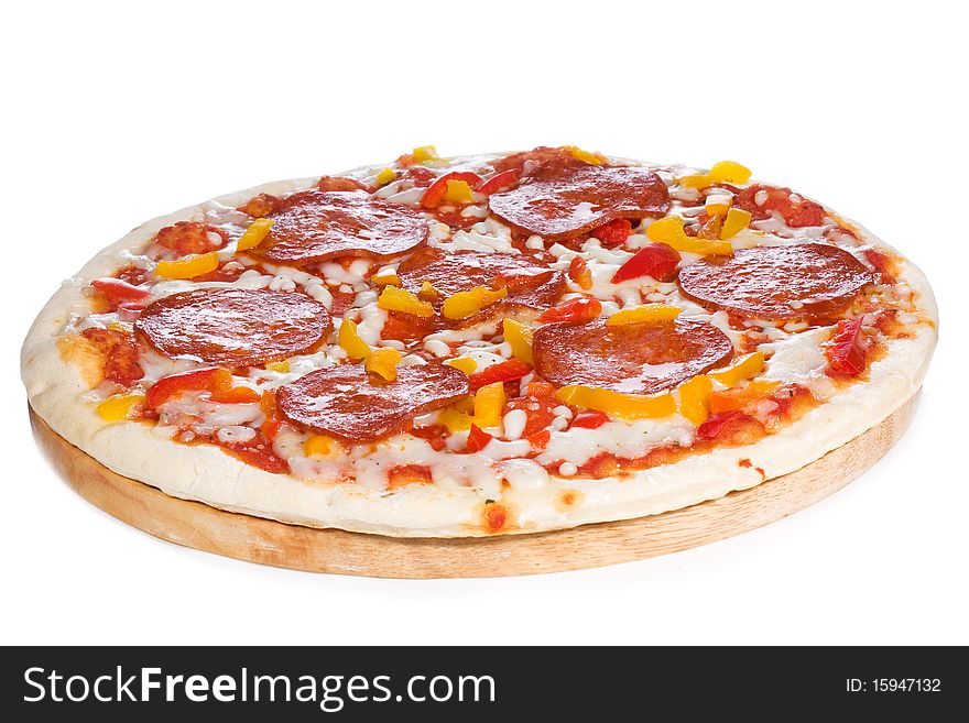 Pizza with salami on white background