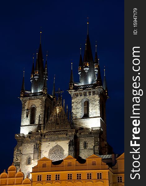 Night shot of the Church of Our Lady before Tyn in Prague at the Old Town Square. Night shot of the Church of Our Lady before Tyn in Prague at the Old Town Square