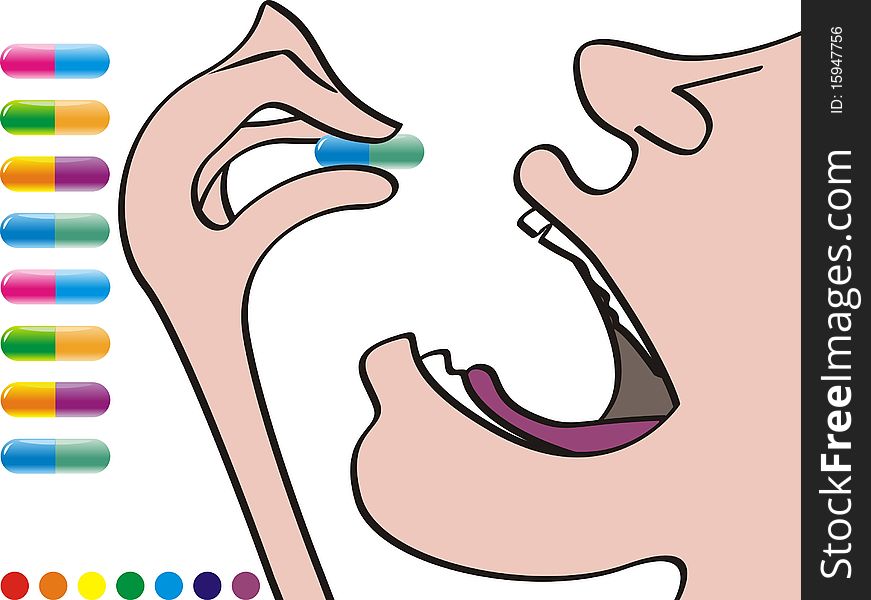 Person swallows a pill illustration. Person swallows a pill illustration