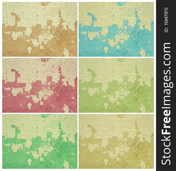 Colorful grunge wall set: paint and plaster pastels with copy space