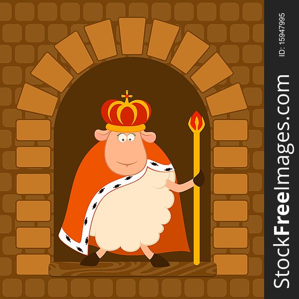 King of sheep in a crown on a medieval lock background