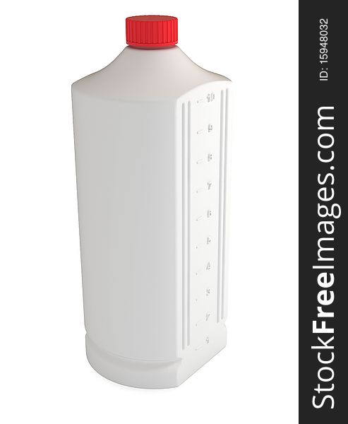 White plastic bottle with measures on side, isolated on white, 3d illustration. White plastic bottle with measures on side, isolated on white, 3d illustration