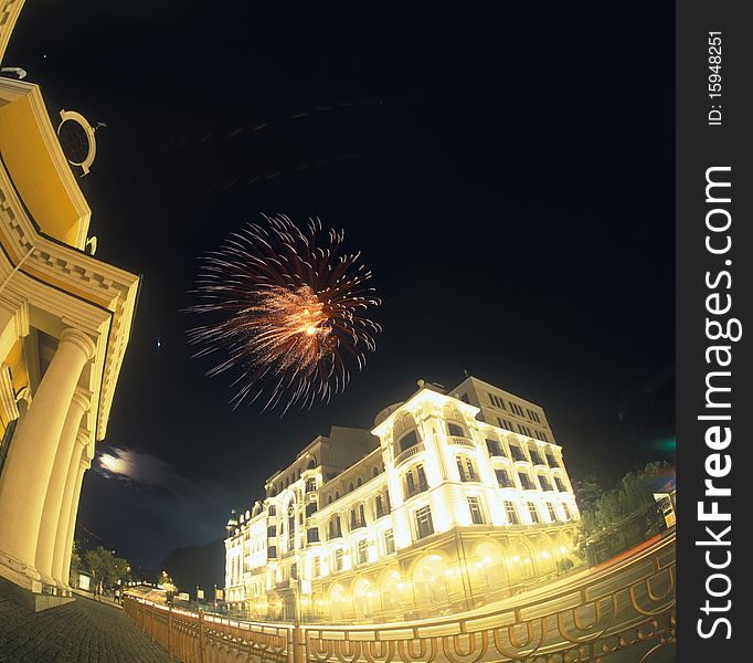 Fireworks over a city.