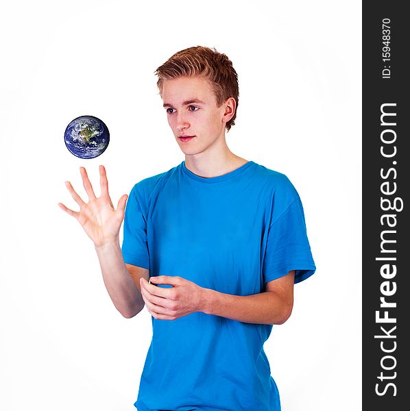Boy watching the earth - on white background