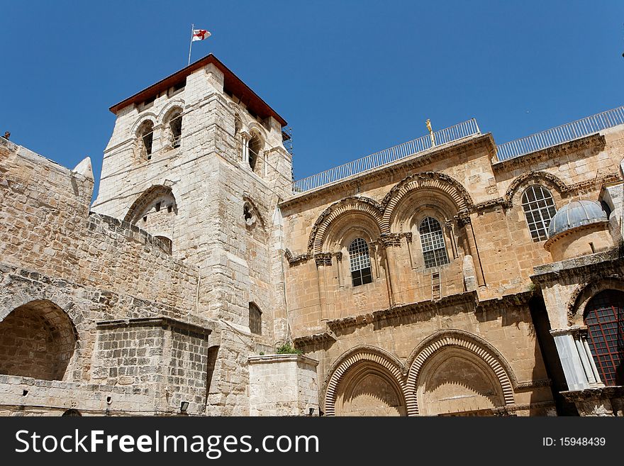 Belfry tower at the entrance to the Church of the Holy Sepulchre in Jerusalem. Belfry tower at the entrance to the Church of the Holy Sepulchre in Jerusalem