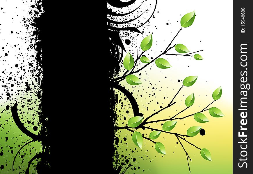 Vector illustration of green leaves and Grunge banner with an inky dribble strip. Vector illustration of green leaves and Grunge banner with an inky dribble strip.