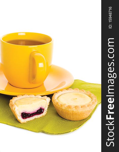 Blueberry tart and tea isolated on white background