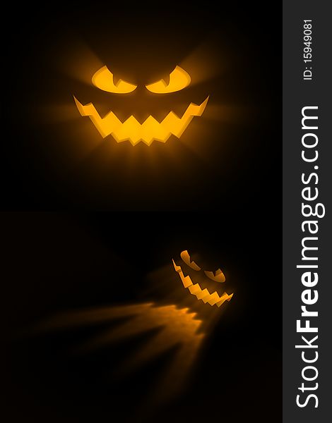 An iluminated pumpkin face on a black background