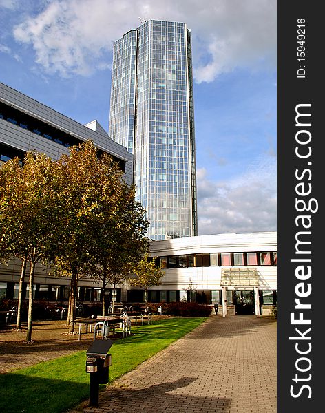 Big glass building and blue sky