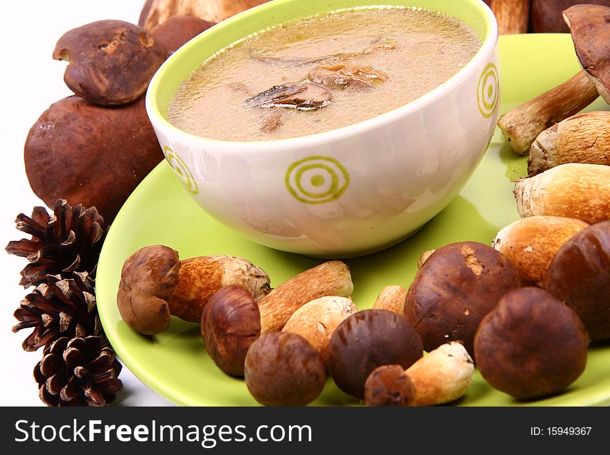 Mushroom soup in a bowl with some mushrooms around it and some pinecones