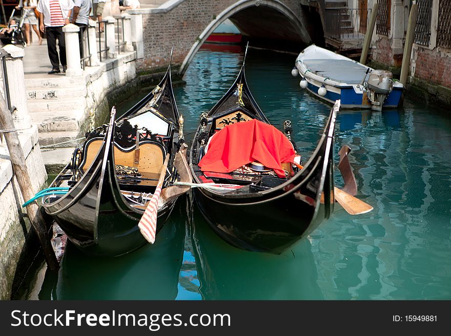 Two black gondolas. Venice Italy. Two black gondolas. Venice Italy