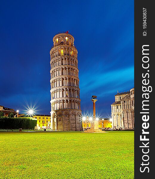 Characteristic tower of Pisa inclined at night