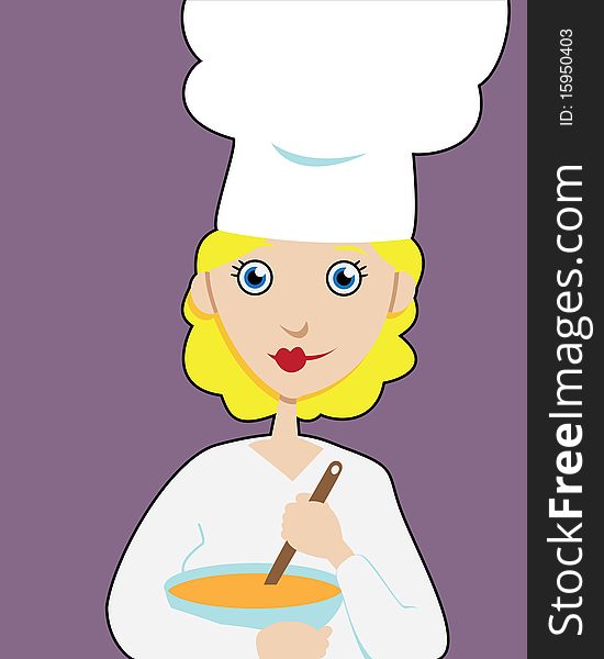 Illustration of a female chef wearing white against a purple background. She is stirring a bowl.