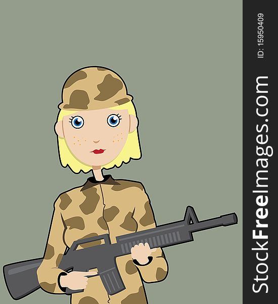 Young female soldier in camouflage holds an M-16 rile standing against a gray background. Young female soldier in camouflage holds an M-16 rile standing against a gray background.