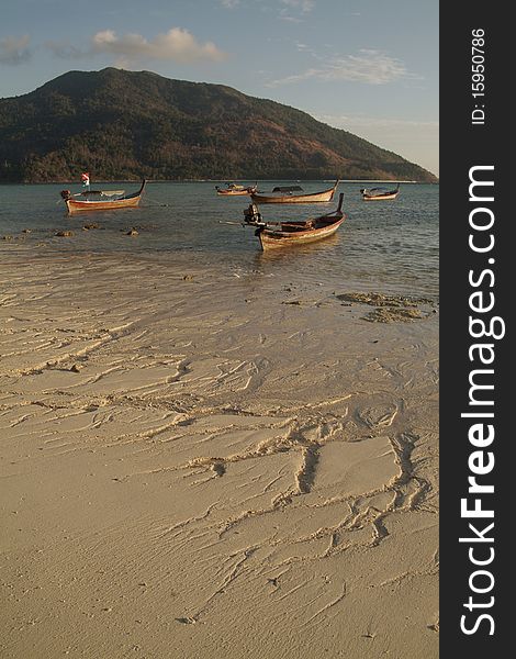 Longtail boats near Lepe island in Andaman sea , Thailand. Longtail boats near Lepe island in Andaman sea , Thailand