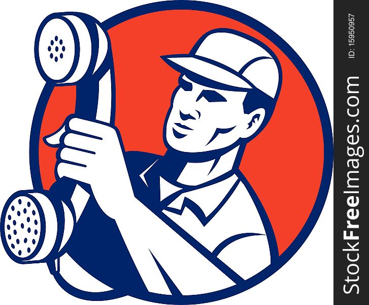 Illustration of a Telephone repairman holding out phone set inside a circle done in retro style. Illustration of a Telephone repairman holding out phone set inside a circle done in retro style.