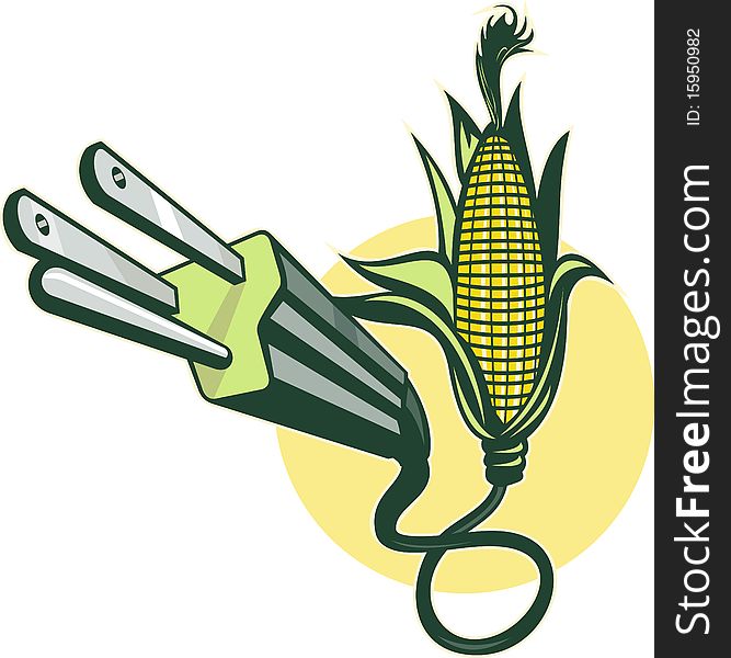 Illustration of an Electric power plug coming out of corn. Illustration of an Electric power plug coming out of corn
