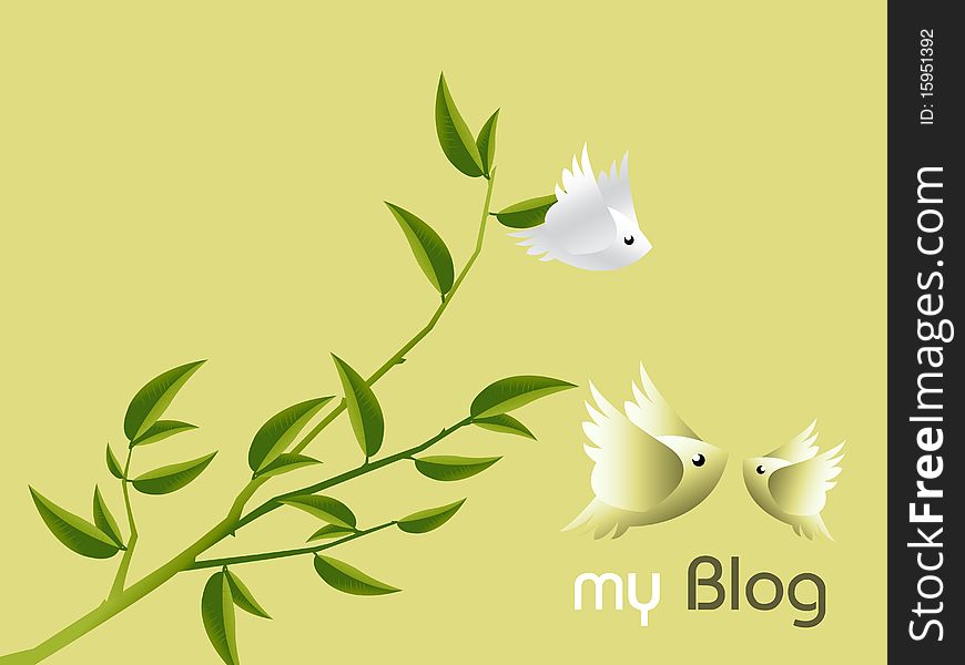 Lovebirds Character flying togetherness around twig, cartoon Illustration.