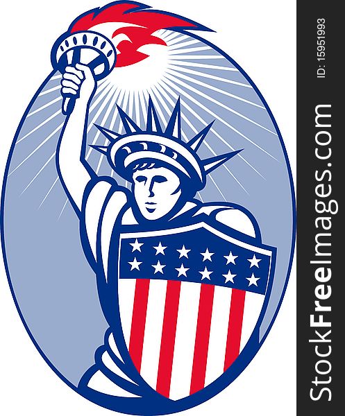 Illustration of lady statue of liberty with torch and shield set inside oval. Illustration of lady statue of liberty with torch and shield set inside oval.
