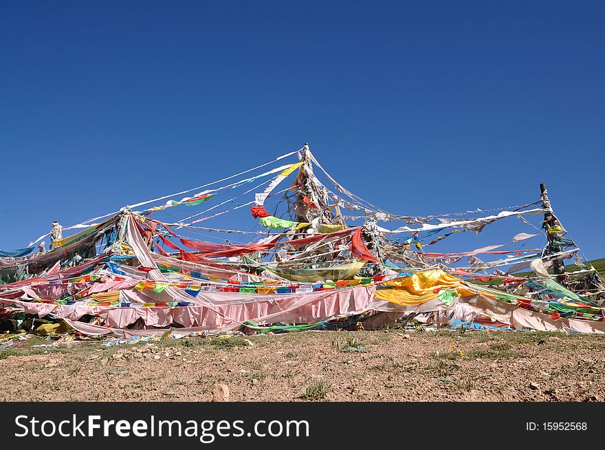 View Of Prayer Flags In  Tibet