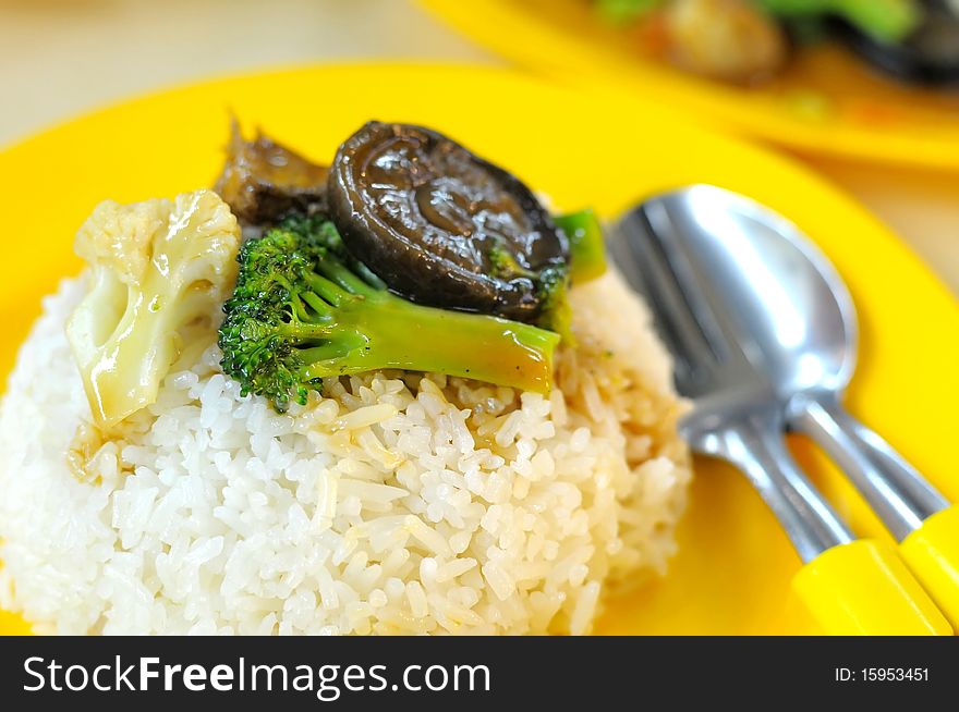 White steamed rice with vegetables and mushroom cooked oriental style. Rice is the stable diet in most Asian countries. For diet and nutrition, healthy eating and lifestyle concepts. White steamed rice with vegetables and mushroom cooked oriental style. Rice is the stable diet in most Asian countries. For diet and nutrition, healthy eating and lifestyle concepts.