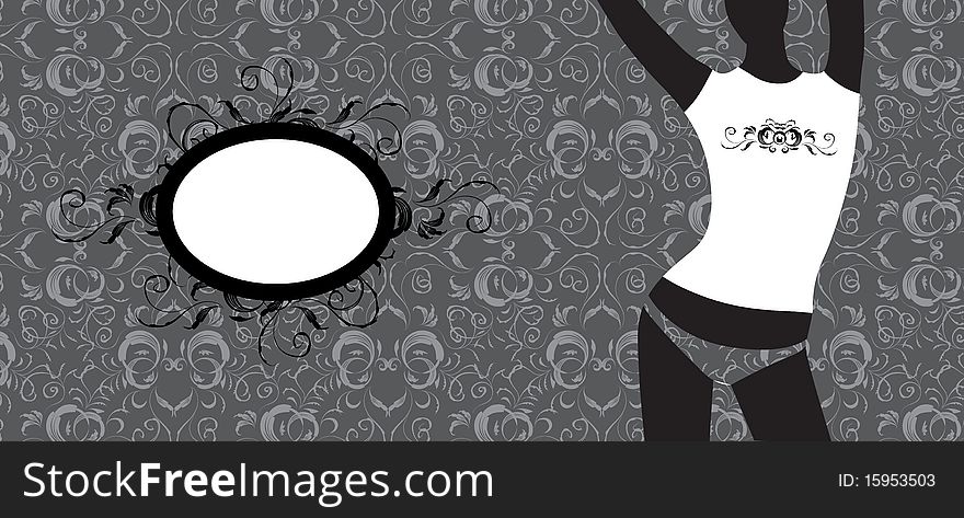 Woman silhouette on wall, floral frame with place for your text