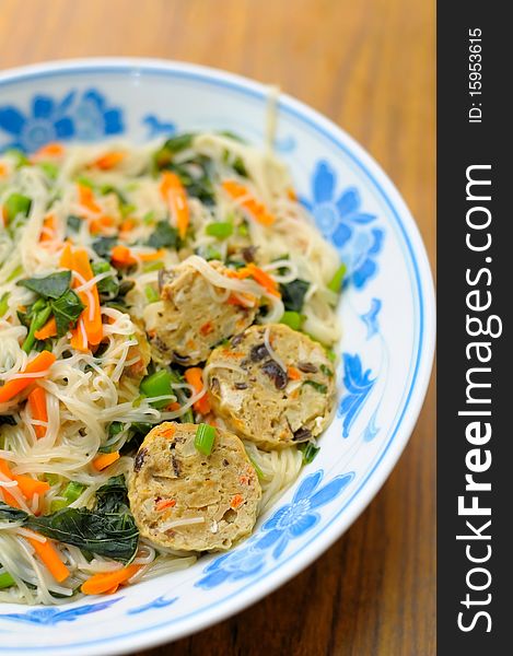 Sumptuous looking Chinese style vegetarian noodles. Made with various ingredients and vegetables. For concepts such as healthy lifestyle, and food and beverage.