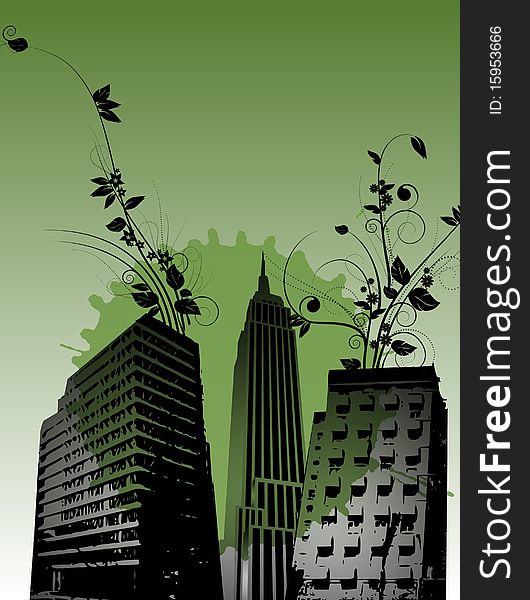 A green background with grey black city buildings and floral patterns. A green background with grey black city buildings and floral patterns