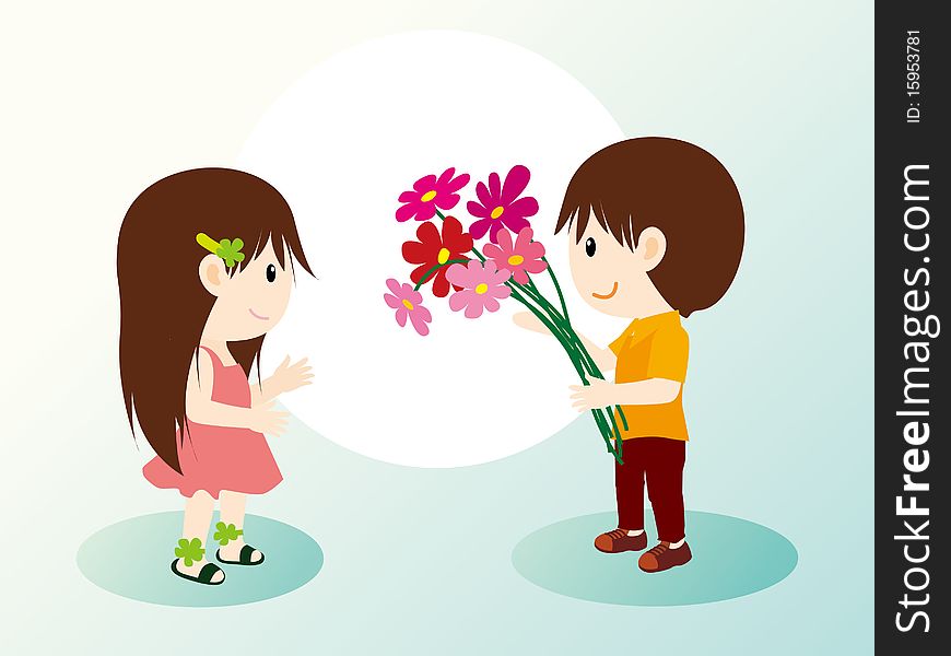 Vector illustration of an boy with chrysanthemums and shy girl. Vector illustration of an boy with chrysanthemums and shy girl.