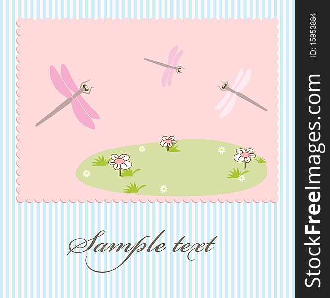 Greeting Card With Dragonfly And Flowers