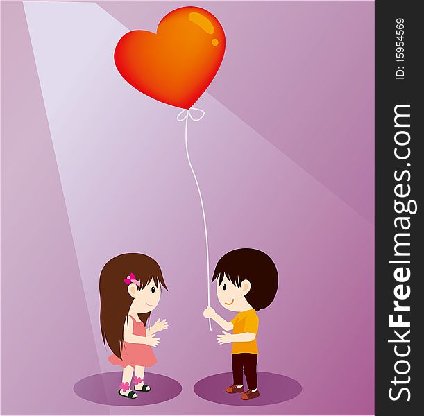 Vector illustration of an boy with balloon and shy girl. Vector illustration of an boy with balloon and shy girl.