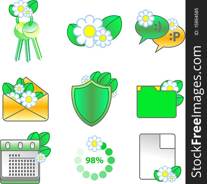 Depicts a set of icons with flowers and leaves