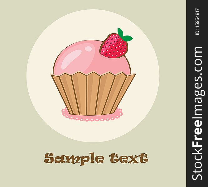 Birthday card with strawberry cupcake. Vector illustration