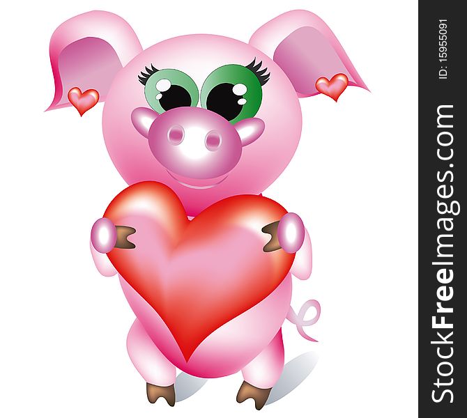 Pretty pig -girl with heart, isolated.