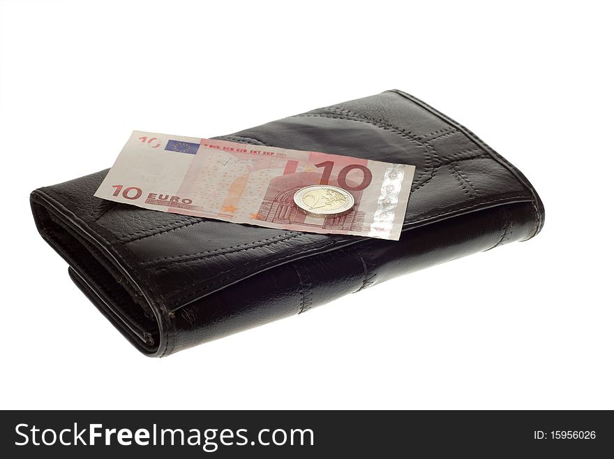 Black purse and euro cash isolated on white background. Black purse and euro cash isolated on white background