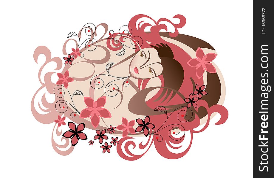 The girl's head in the pattern of hair and flowers. The girl's head in the pattern of hair and flowers