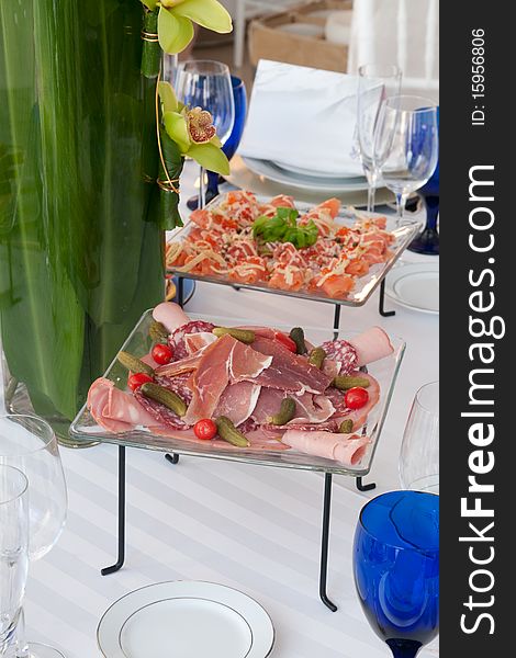 Tables set for a birthday party with hors d'oeuvres at a Hotel in Hollywood Fl. Tables set for a birthday party with hors d'oeuvres at a Hotel in Hollywood Fl.