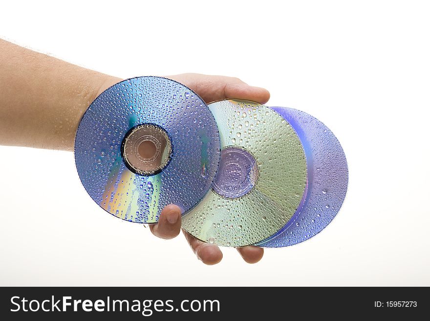 Cd disk and hand isolated on white background